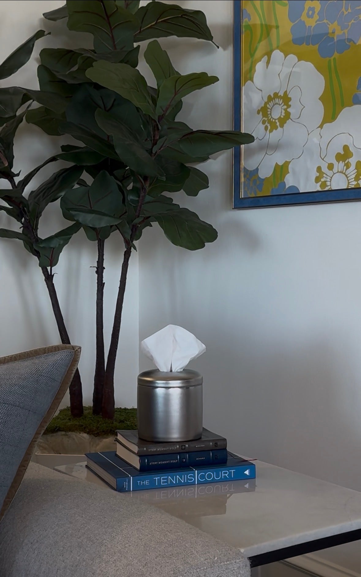 Niko tissue vessel on books with a plant and artwork in the background